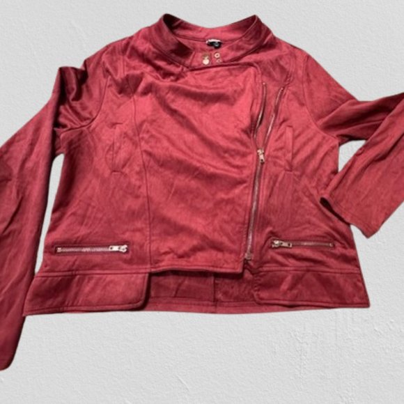 Burgundy Faux Suede drape front Moto Jacket - Picture 7 of 11